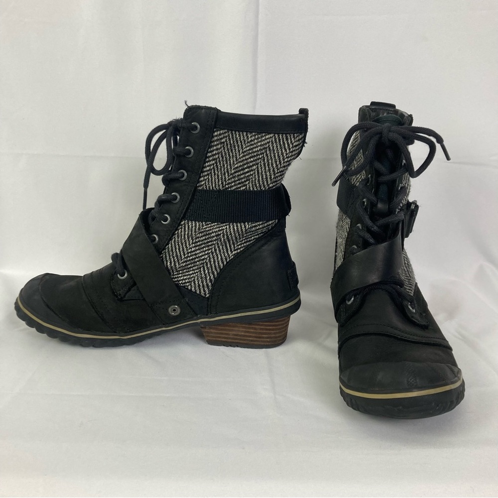 Sorel Women's Sz 9 Slimboot Black Tweed Lace Up Ankle Boots Heeled Winter - Picture 5 of 16